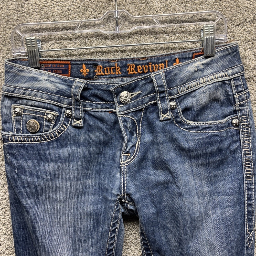 Rock Revival Jen Straight Leg Jeans Rhinestone‎ Distressed Frayed Size 28(30x28) - Picture 9 of 16